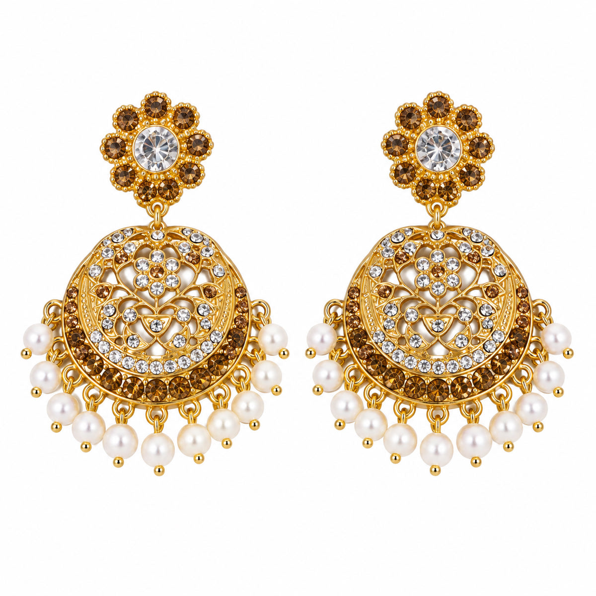 Golden Palace Champagne Zircon Pearl Fringe Vintage Chandelier Earrings