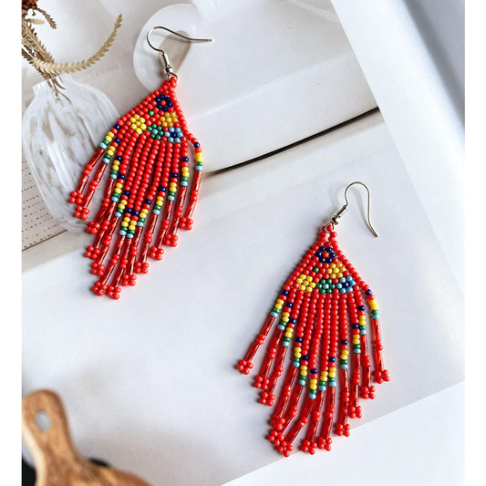Handcrafted Tribal Beaded Fringe Drop Earrings