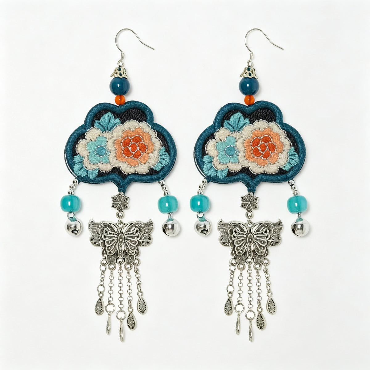 Hand-Embroidered Butterfly Tassel Earrings