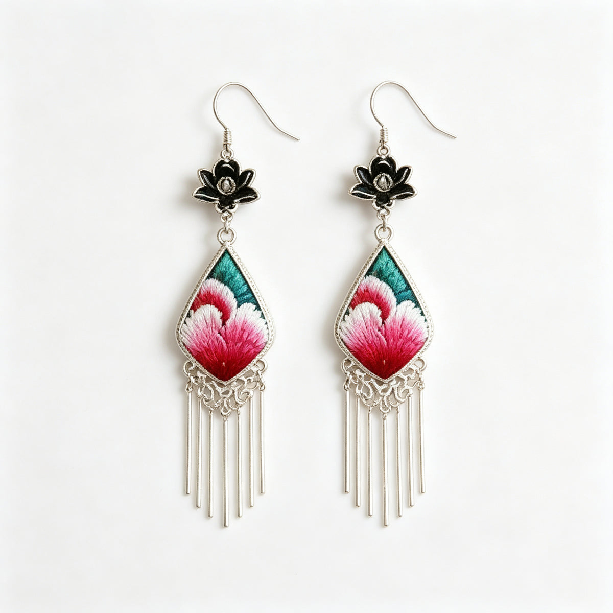 Hand-Embroidered Silver Tassel Drop Earrings