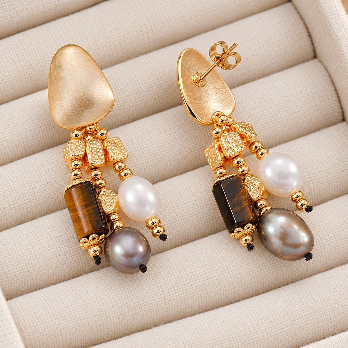 Golden Tide Tiger's Eye & Baroque Pearl Drop Earrings