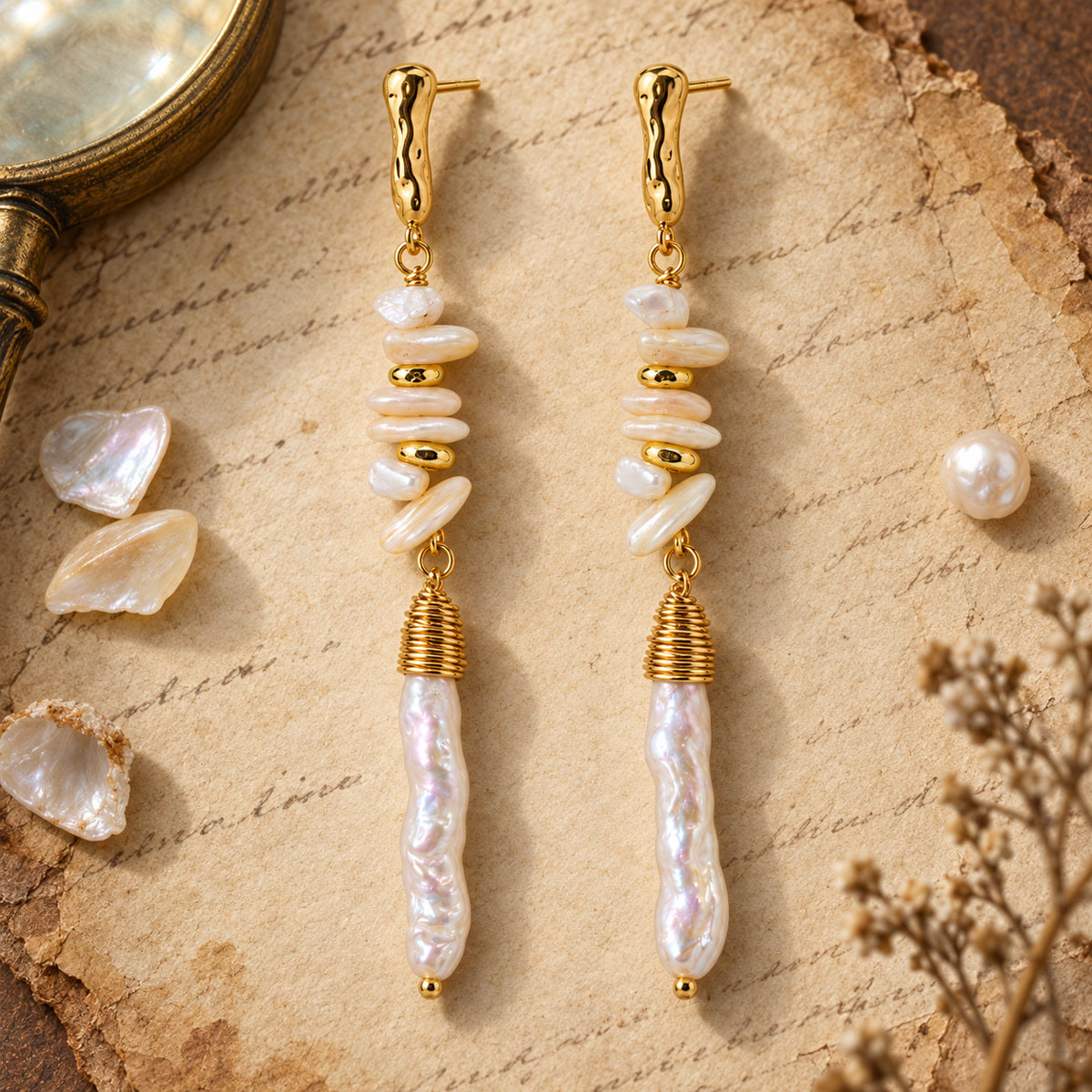 Coastal Finds Natural Shell Chip & Baroque Pearl Drop Earrings