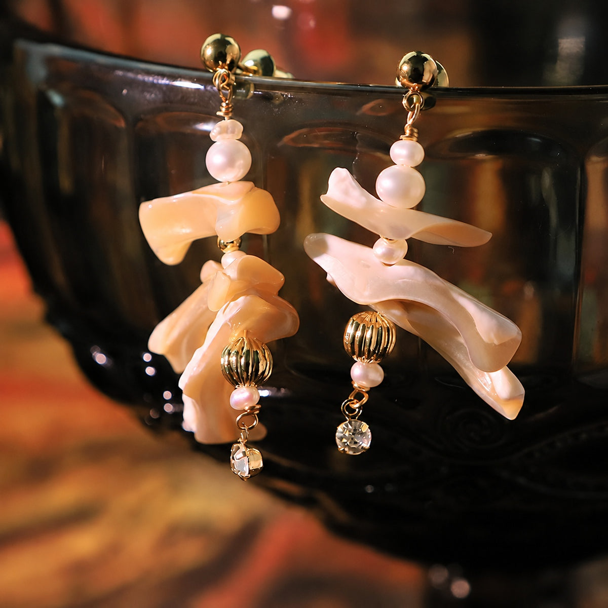 Coral Poetry Natural Shell Branch & Pearl Zircon Drop Earrings