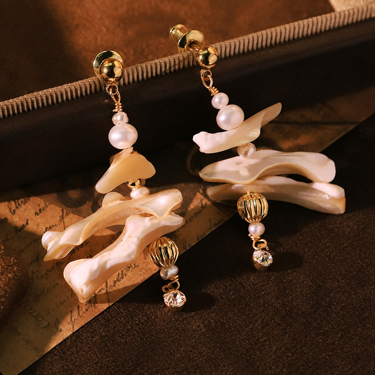 Coral Poetry Natural Shell Branch & Pearl Zircon Drop Earrings