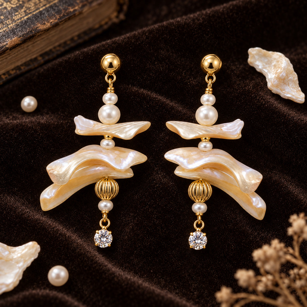 Coral Poetry Natural Shell Branch & Pearl Zircon Drop Earrings