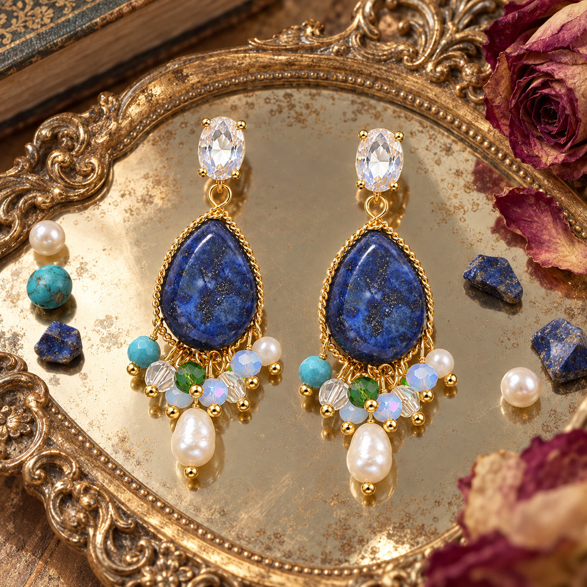Secret Treasure Lapis Lazuli Pearl & Turquoise Cluster Drop Earrings