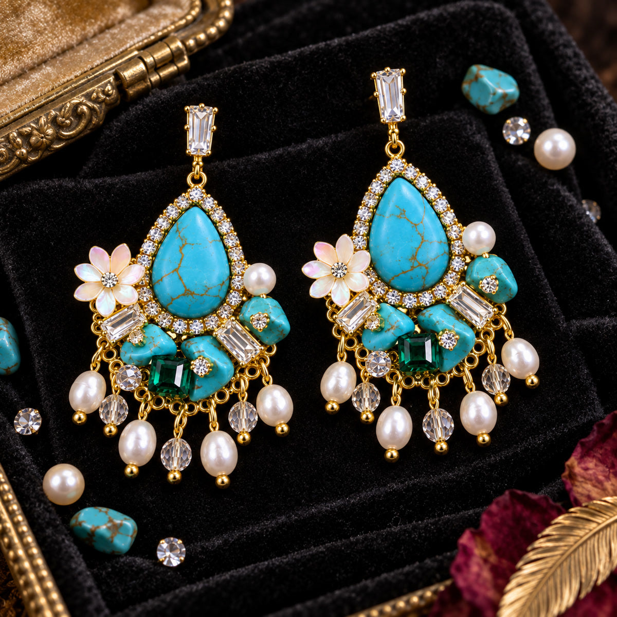 Peacock Dynasty Faux Turquoise Pearl Zircon Floral Chandelier Earrings