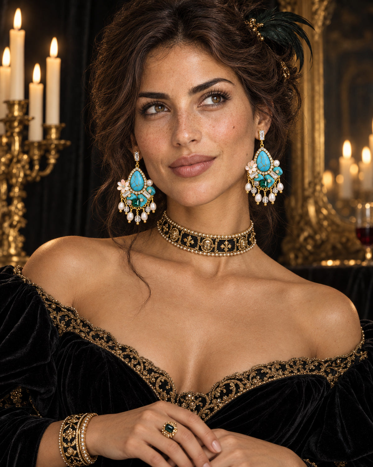 Peacock Dynasty Faux Turquoise Pearl Zircon Floral Chandelier Earrings