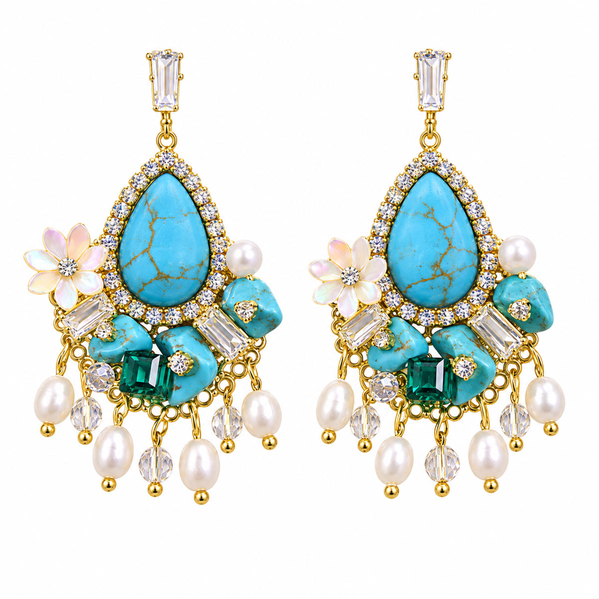 Peacock Dynasty Faux Turquoise Pearl Zircon Floral Chandelier Earrings