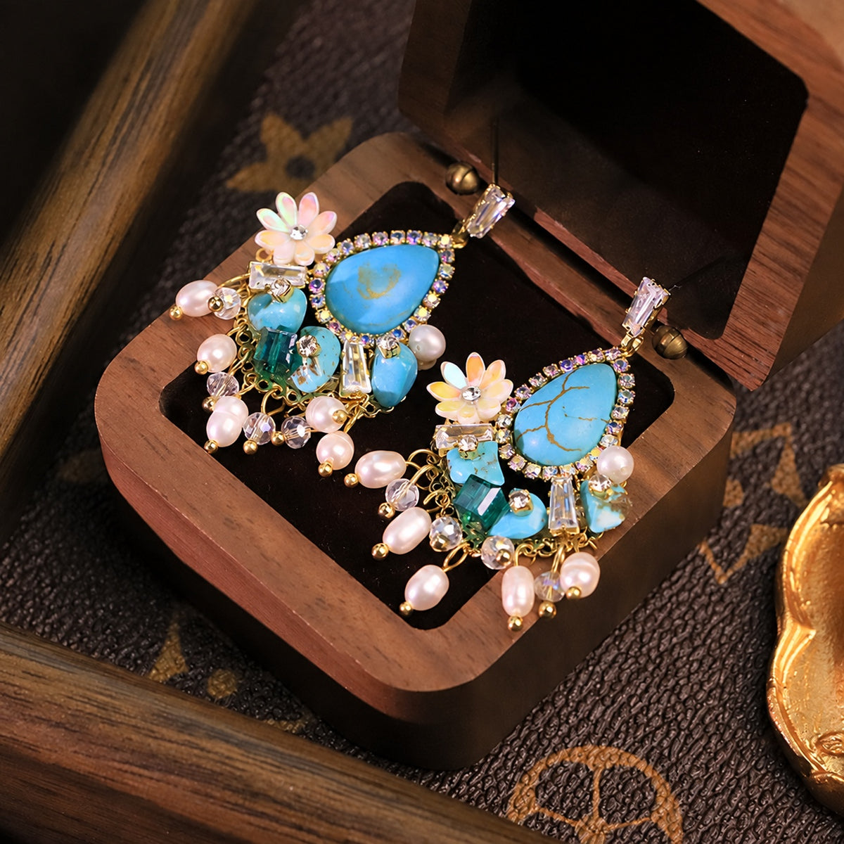 Peacock Dynasty Faux Turquoise Pearl Zircon Floral Chandelier Earrings