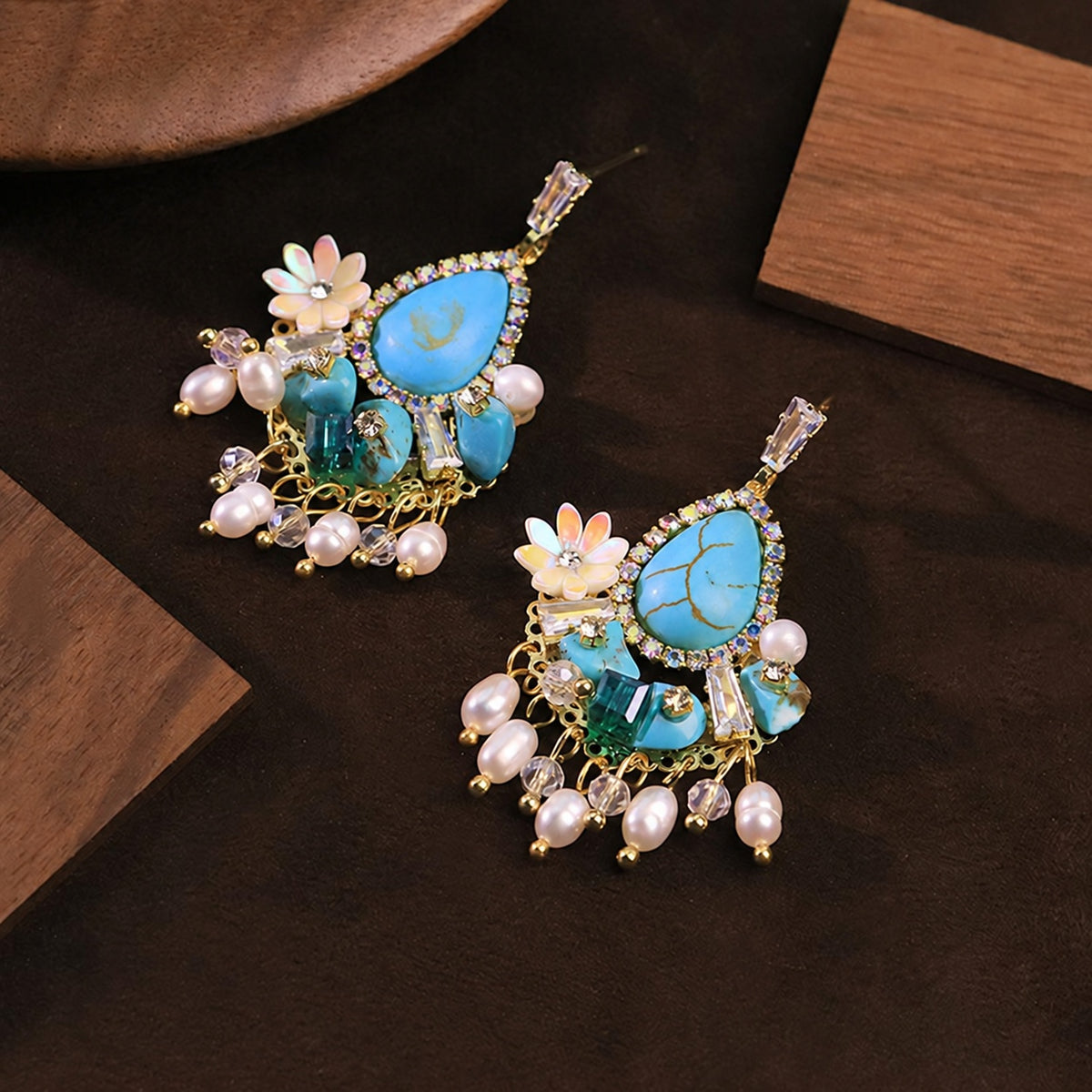 Peacock Dynasty Faux Turquoise Pearl Zircon Floral Chandelier Earrings