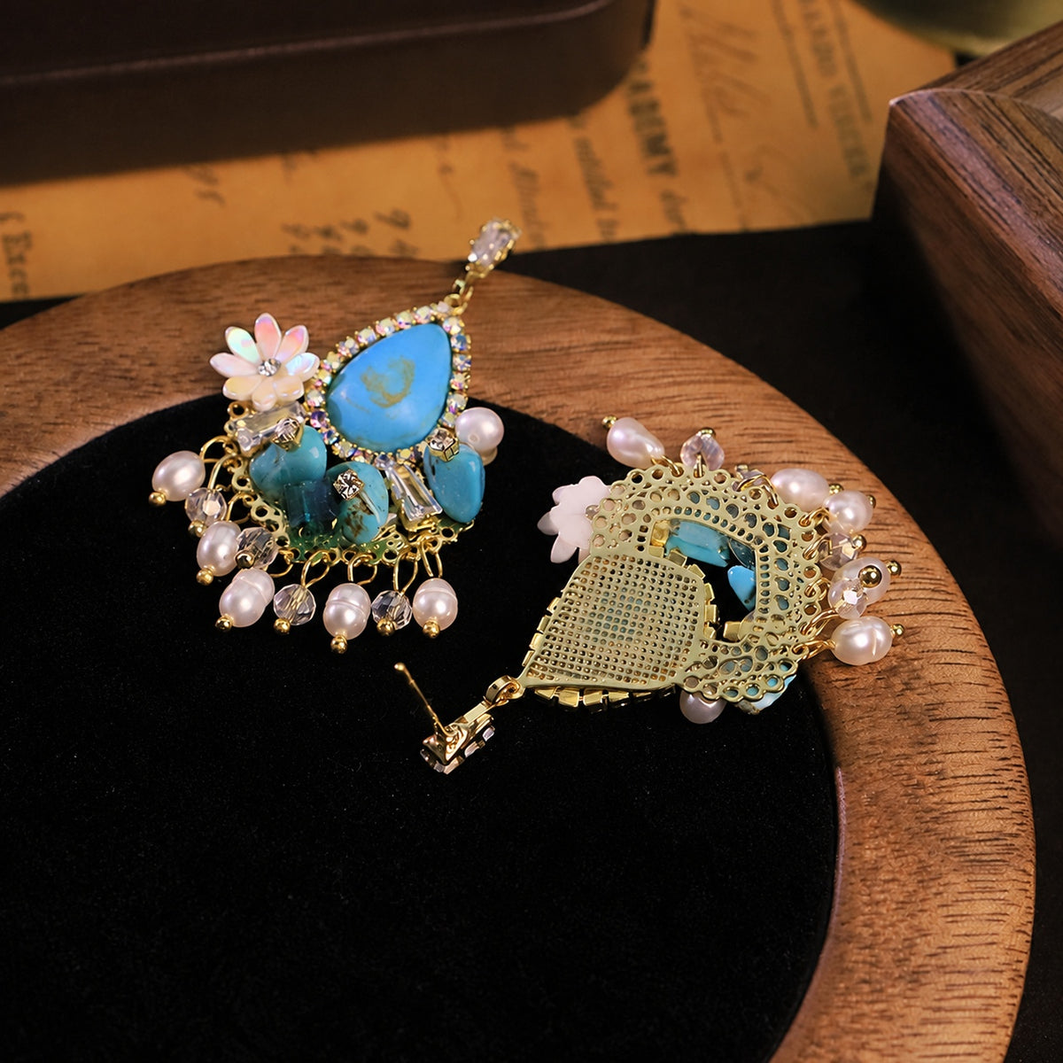 Peacock Dynasty Faux Turquoise Pearl Zircon Floral Chandelier Earrings