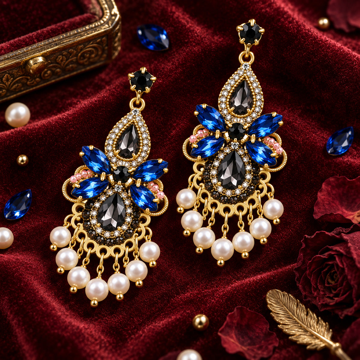 Palace Gala Sapphire Zircon Pearl Fringe Vintage Drop Earrings