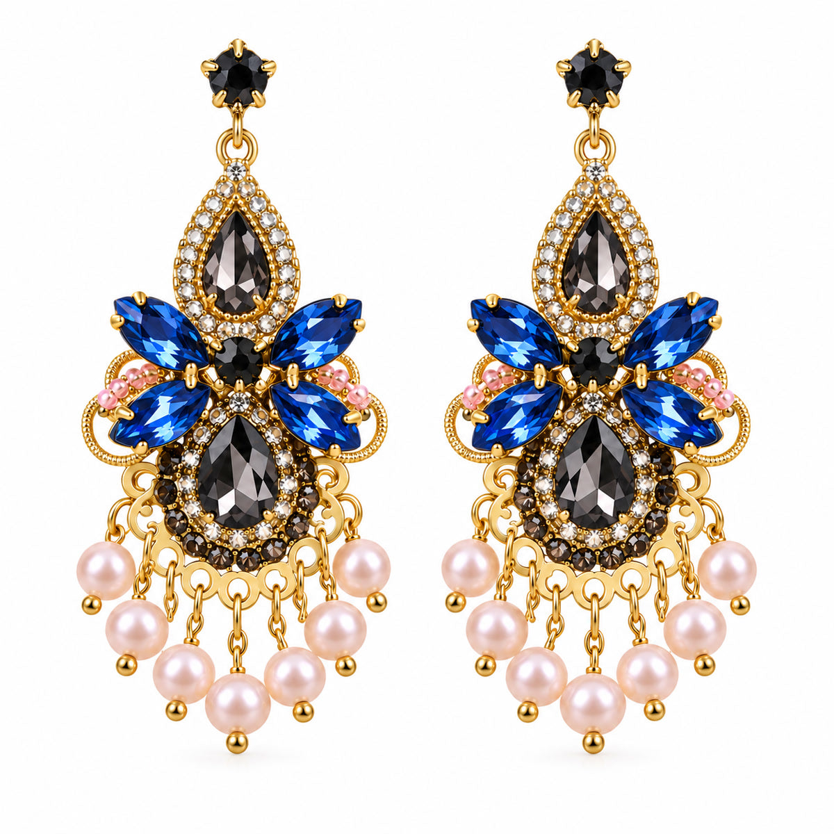 Palace Gala Sapphire Zircon Pearl Fringe Vintage Drop Earrings