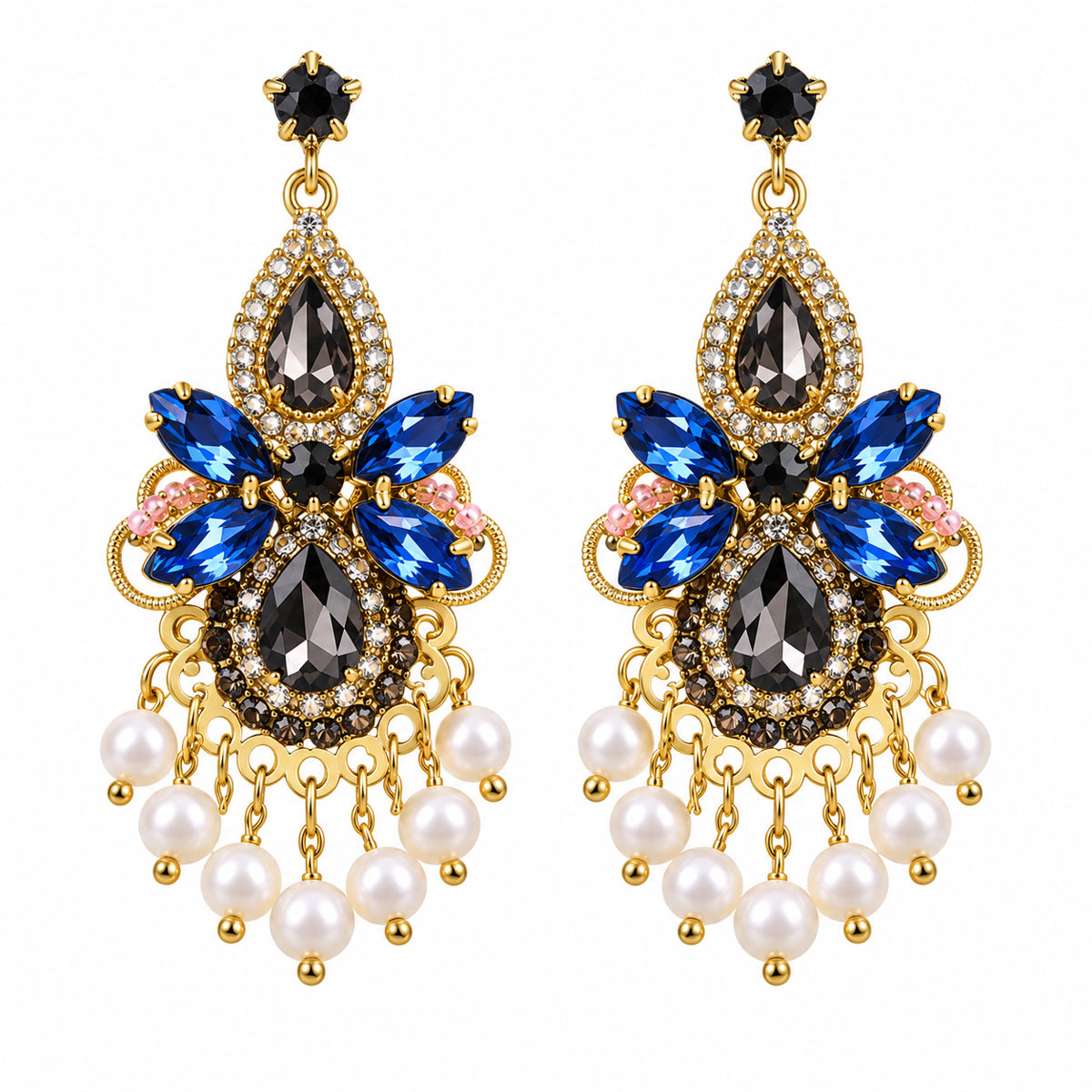 Palace Gala Sapphire Zircon Pearl Fringe Vintage Drop Earrings