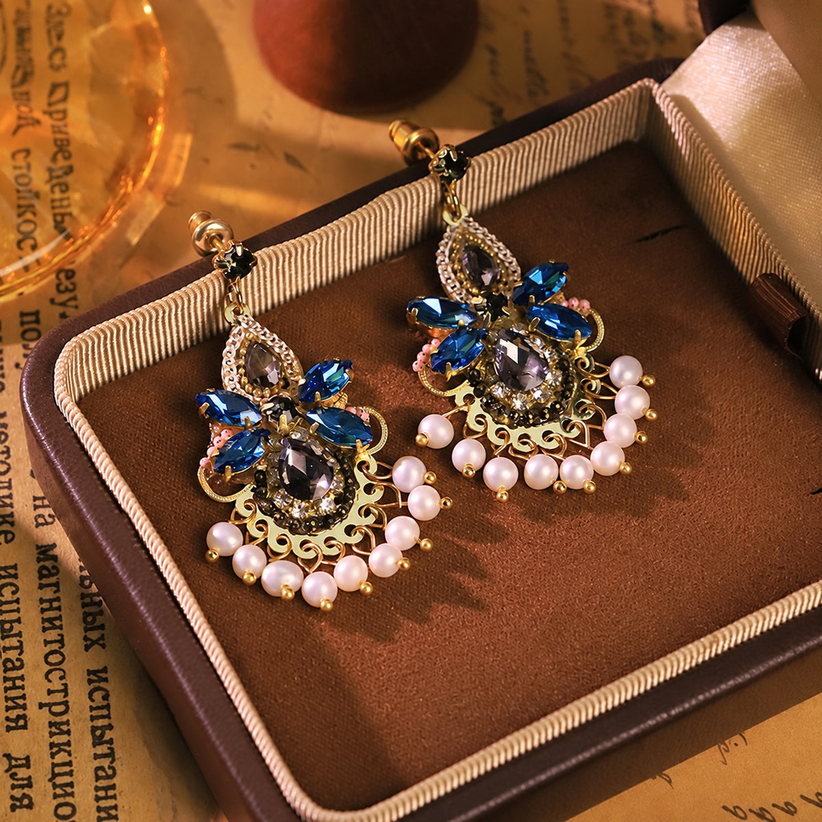 Palace Gala Sapphire Zircon Pearl Fringe Vintage Drop Earrings