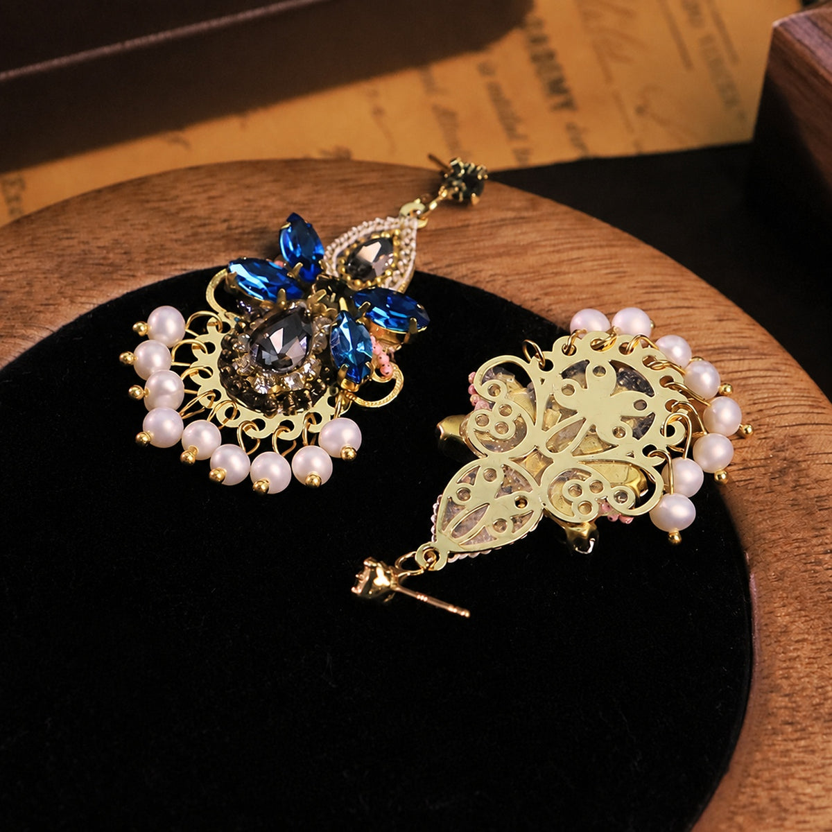 Palace Gala Sapphire Zircon Pearl Fringe Vintage Drop Earrings