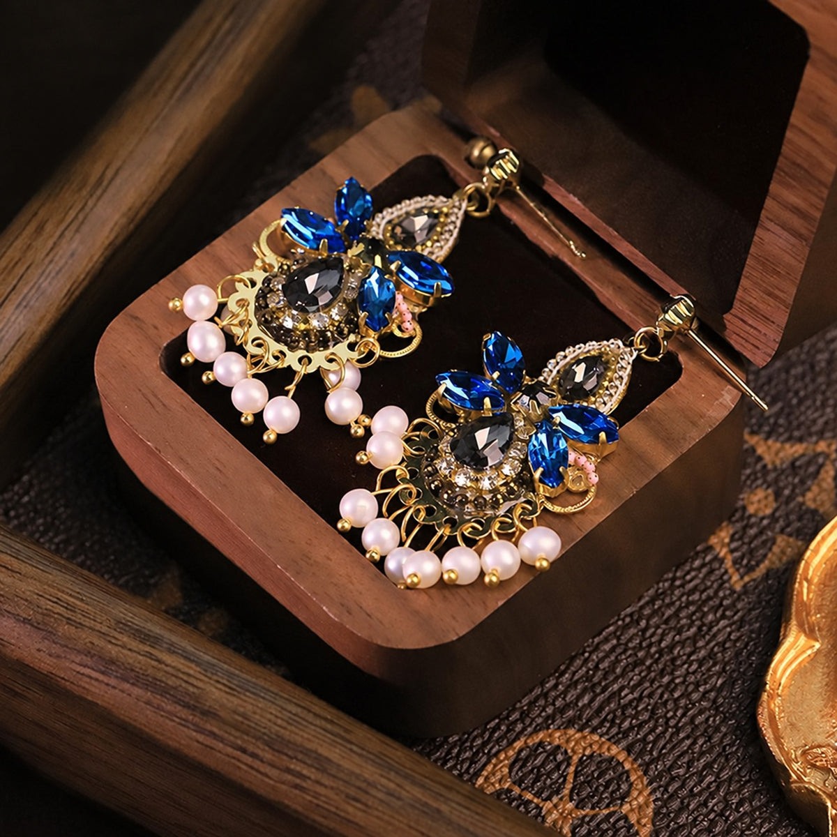 Palace Gala Sapphire Zircon Pearl Fringe Vintage Drop Earrings