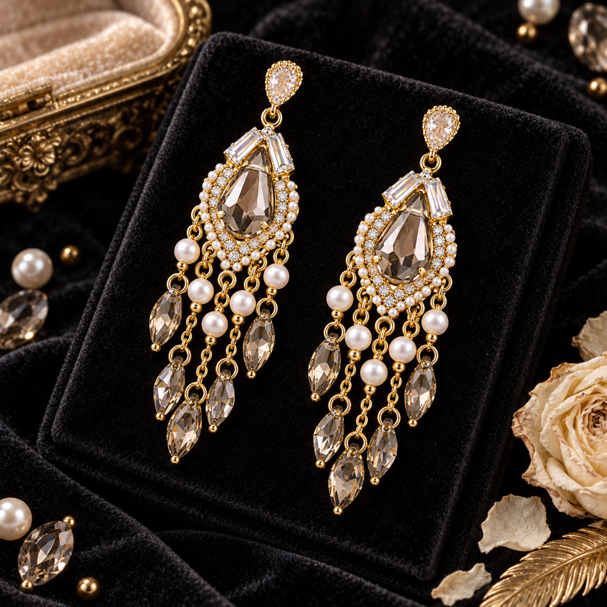 Gilded Gala Smoky Zircon Pearl Crystal Fringe Vintage Drop Earrings