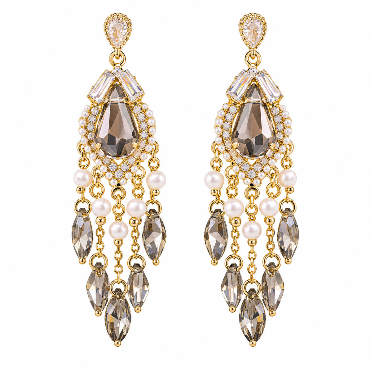 Gilded Gala Smoky Zircon Pearl Crystal Fringe Vintage Drop Earrings