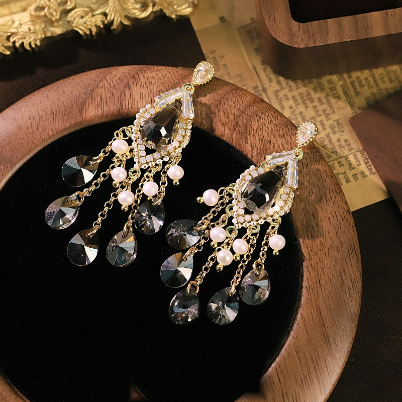 Gilded Gala Smoky Zircon Pearl Crystal Fringe Vintage Drop Earrings