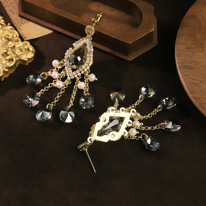 Gilded Gala Smoky Zircon Pearl Crystal Fringe Vintage Drop Earrings