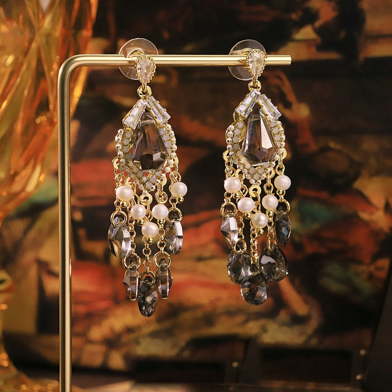 Gilded Gala Smoky Zircon Pearl Crystal Fringe Vintage Drop Earrings