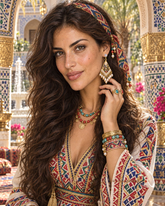 Multicolor crystal pearl fringe vintage earrings worn by model moroccan garden