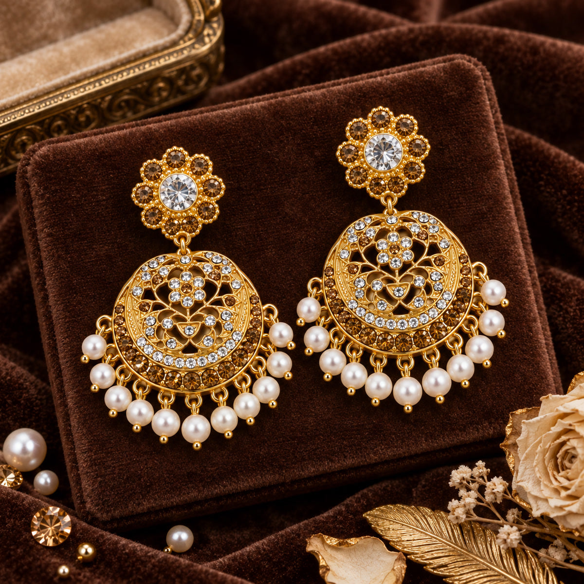 Golden Palace Champagne Zircon Pearl Fringe Vintage Chandelier Earrings