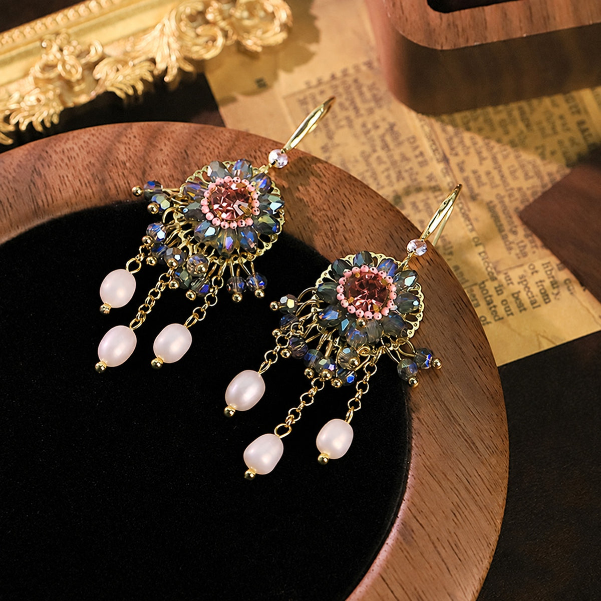 Floral Mystique Pink Zircon Blue-Violet Glass Pearl Fringe Vintage Drop Earrings