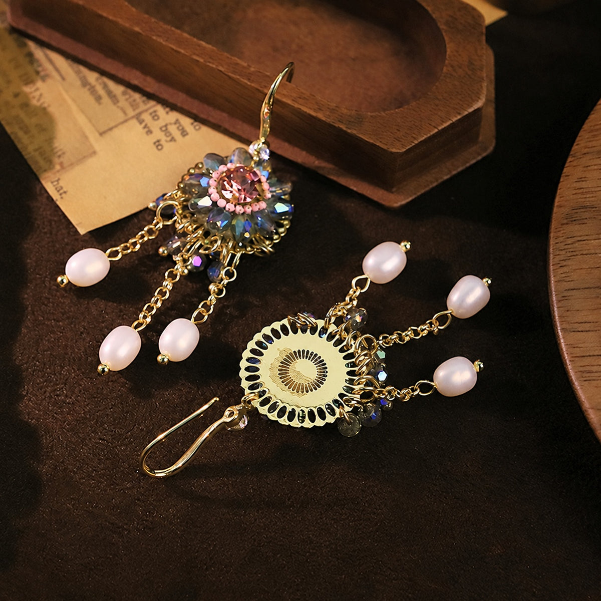 Floral Mystique Pink Zircon Blue-Violet Glass Pearl Fringe Vintage Drop Earrings