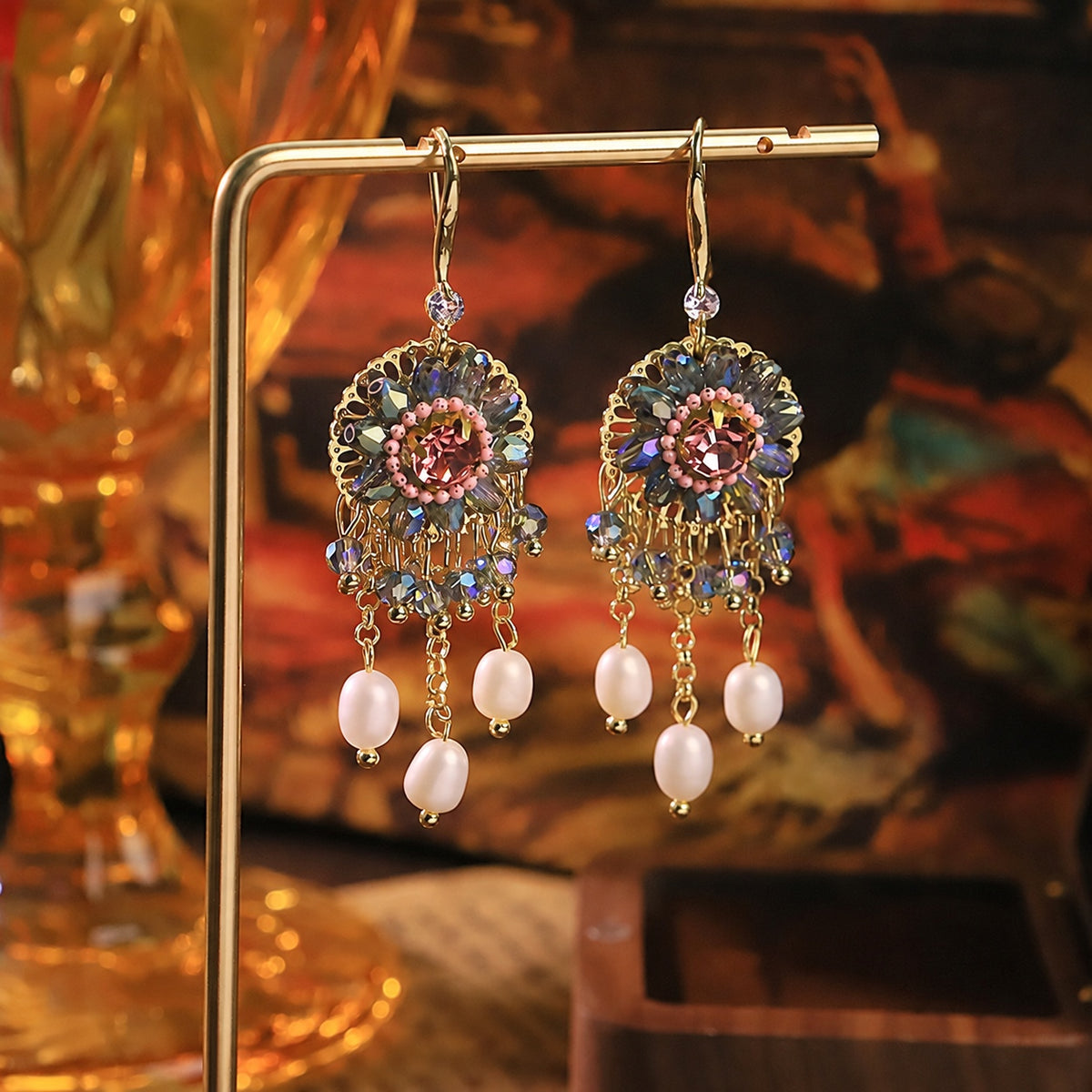 Floral Mystique Pink Zircon Blue-Violet Glass Pearl Fringe Vintage Drop Earrings
