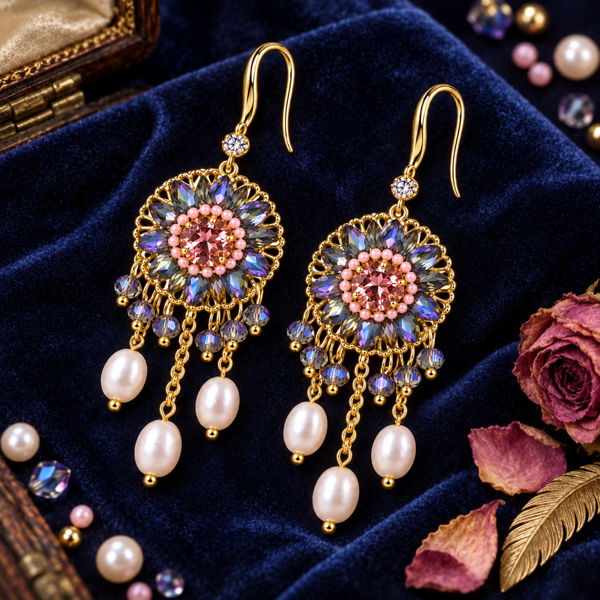 Floral Mystique Pink Zircon Blue-Violet Glass Pearl Fringe Vintage Drop Earrings
