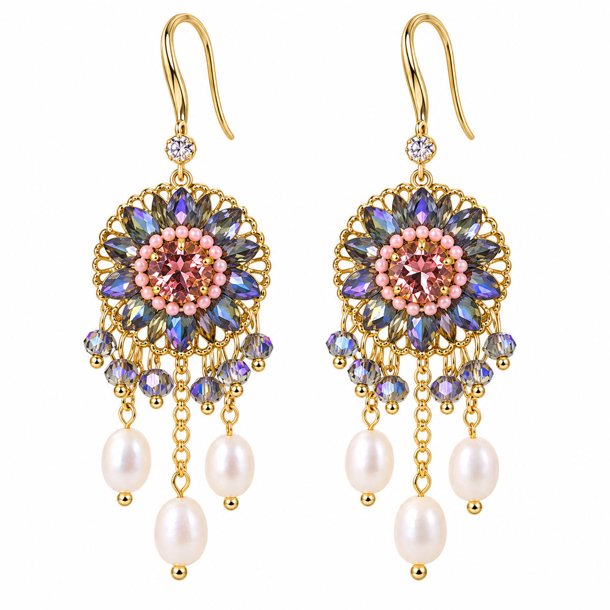 Floral Mystique Pink Zircon Blue-Violet Glass Pearl Fringe Vintage Drop Earrings