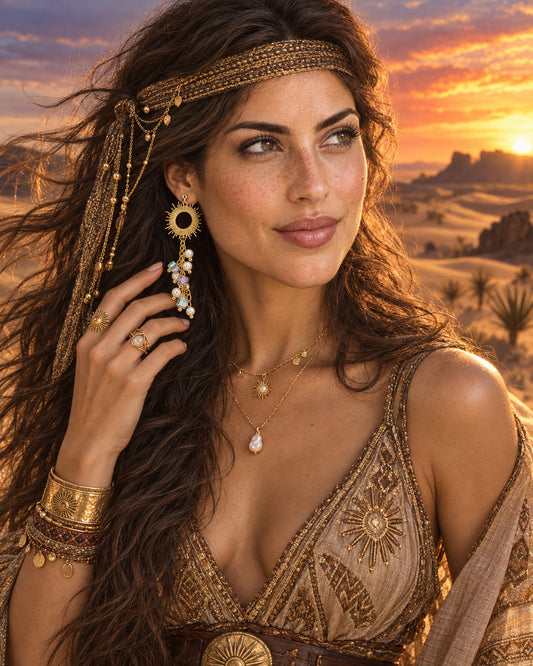Gold sunburst pearl multicolor fringe vintage drop earrings worn by model desert sunset