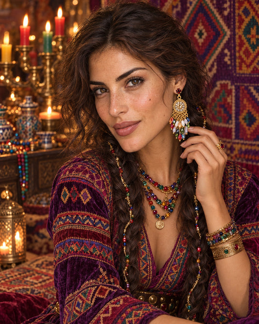 Multicolor teardrop glass pearl fringe vintage drop earrings worn by model moroccan interior
