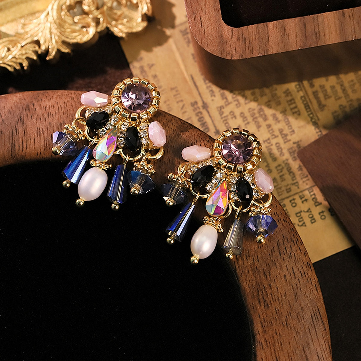 Purple Dream Amethyst Pink Black Glass Iridescent Blue Fringe Vintage Drop Earrings