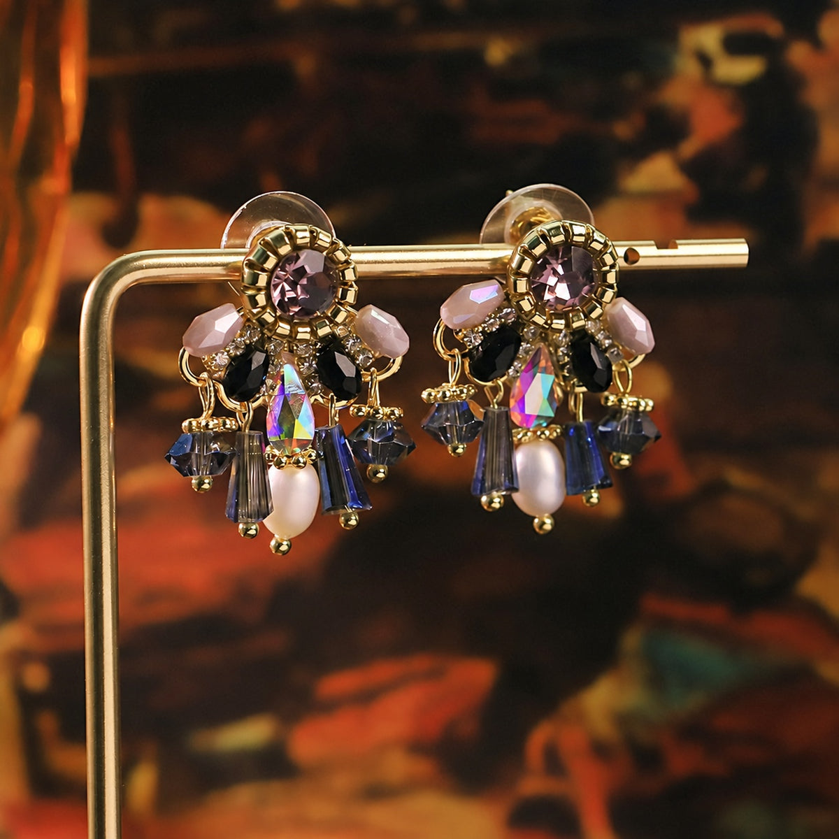 Purple Dream Amethyst Pink Black Glass Iridescent Blue Fringe Vintage Drop Earrings