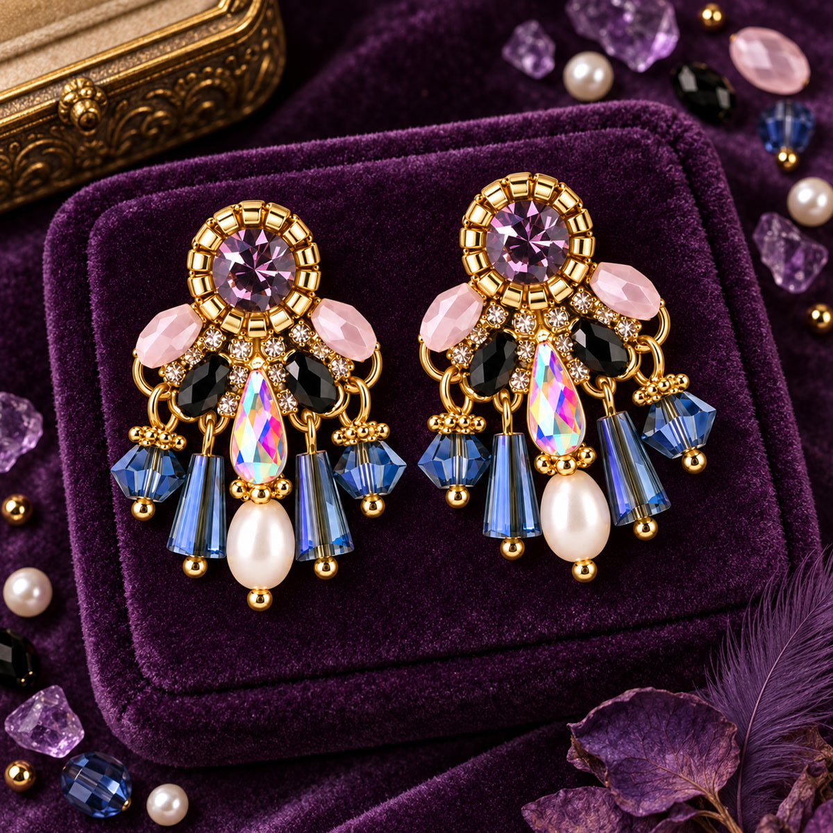 Purple Dream Amethyst Pink Black Glass Iridescent Blue Fringe Vintage Drop Earrings