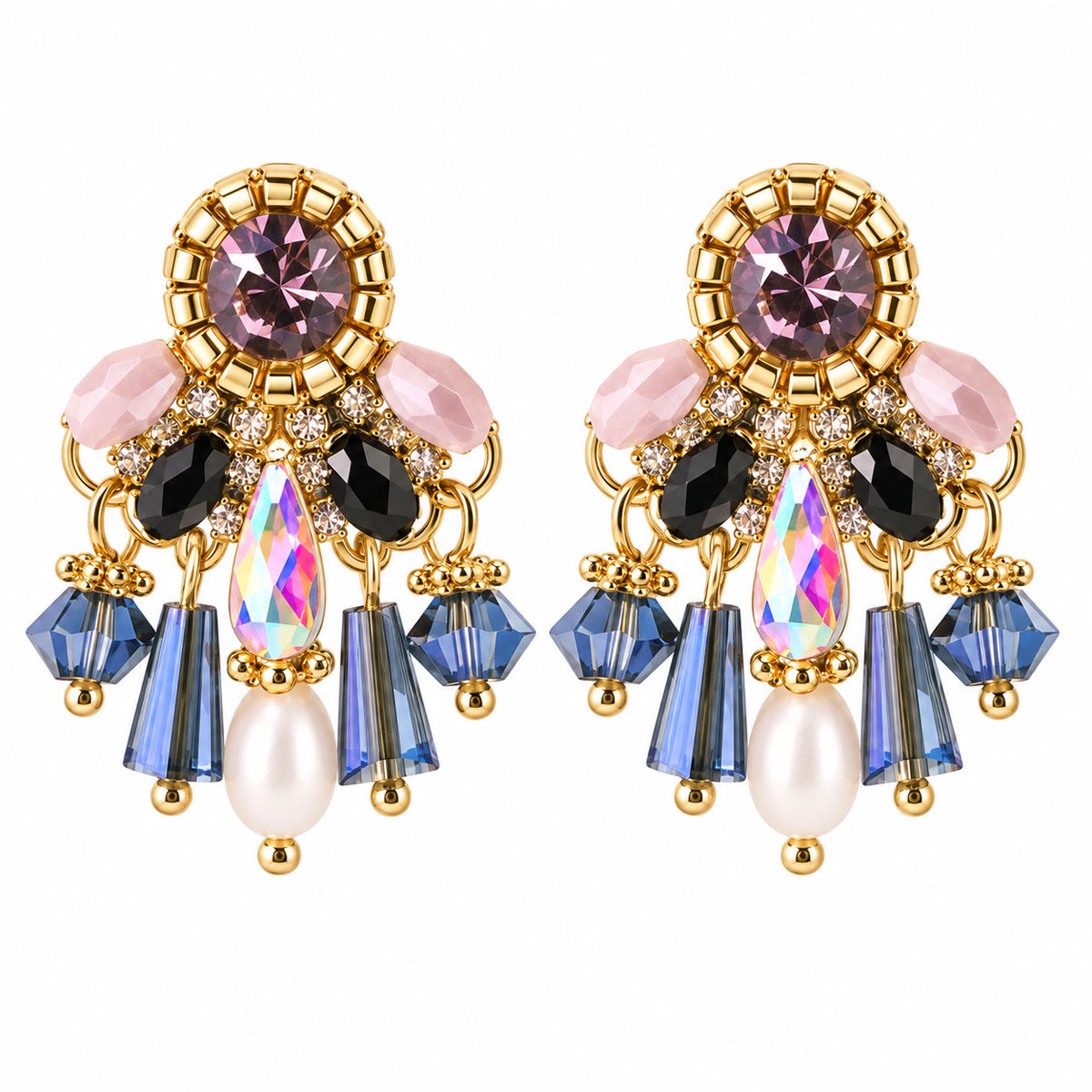 Purple Dream Amethyst Pink Black Glass Iridescent Blue Fringe Vintage Drop Earrings