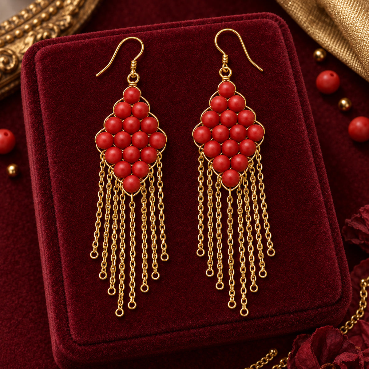 Crimson Coral Sea Bamboo Red Bead Gold Woven Fringe Bohemian Drop Earrings