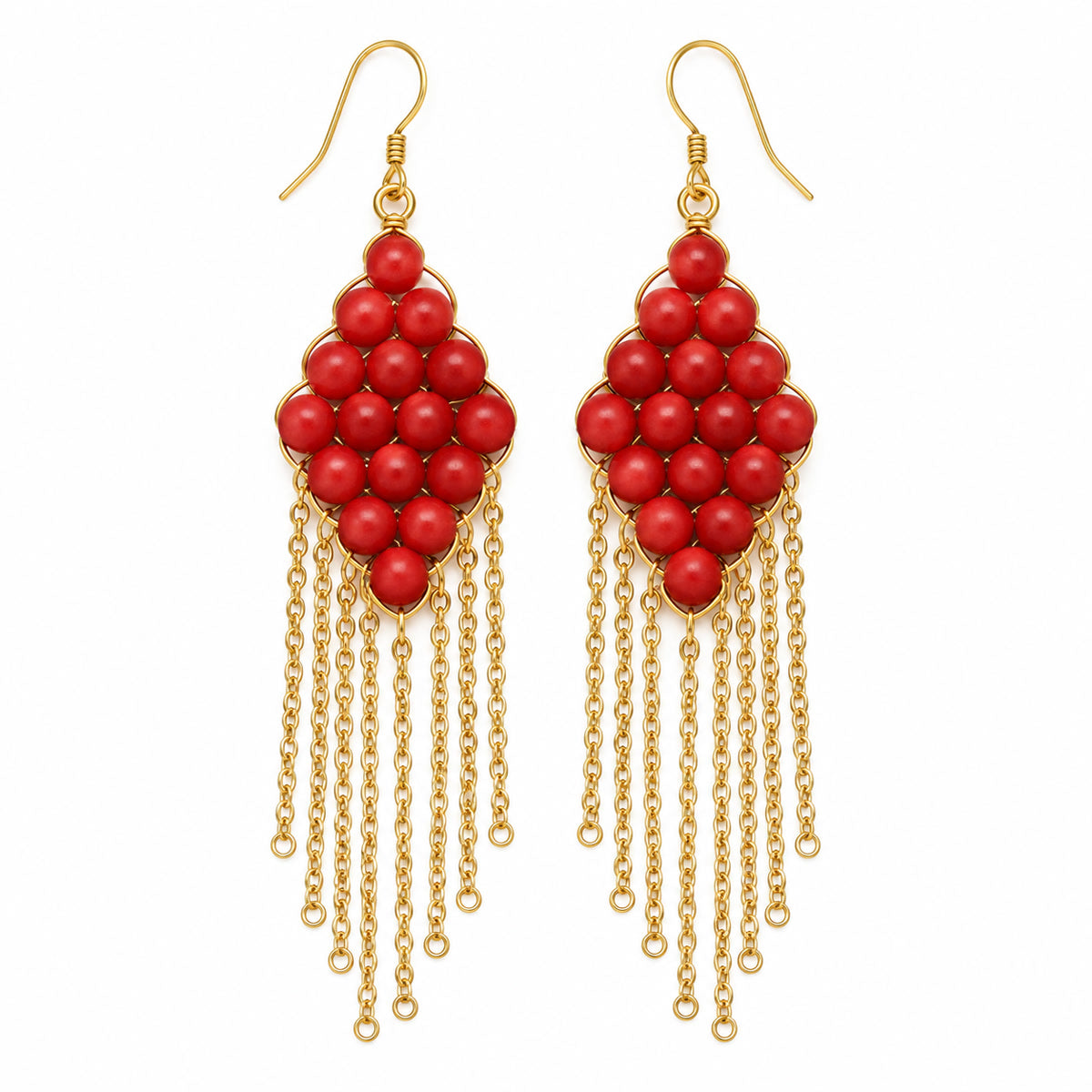 Crimson Coral Sea Bamboo Red Bead Gold Woven Fringe Bohemian Drop Earrings