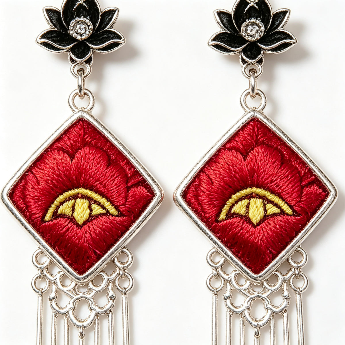 Hand-Embroidered Silver Tassel Drop Earrings