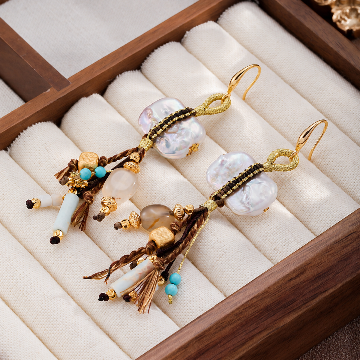 Ocean Treasure Baroque Pearl & Turquoise Tassel Earrings