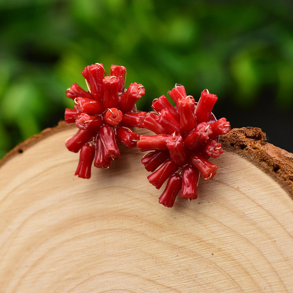 Red Coral Bloom Hand-Wrapped Tube Coral Floral Stud Earrings