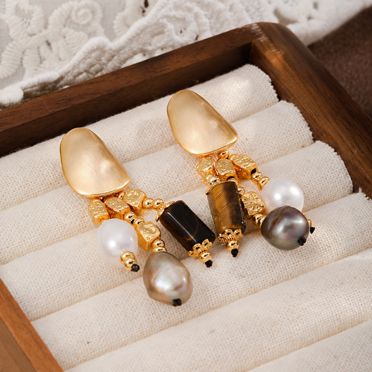 Golden Tide Tiger's Eye & Baroque Pearl Drop Earrings