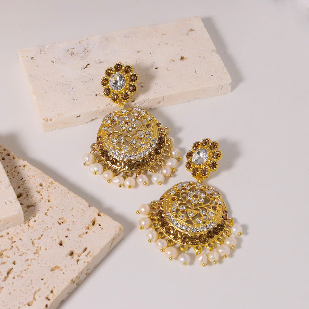 Golden Palace Champagne Zircon Pearl Fringe Vintage Chandelier Earrings