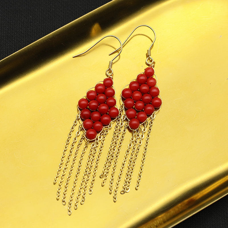 Crimson Coral Sea Bamboo Red Bead Gold Woven Fringe Bohemian Drop Earrings