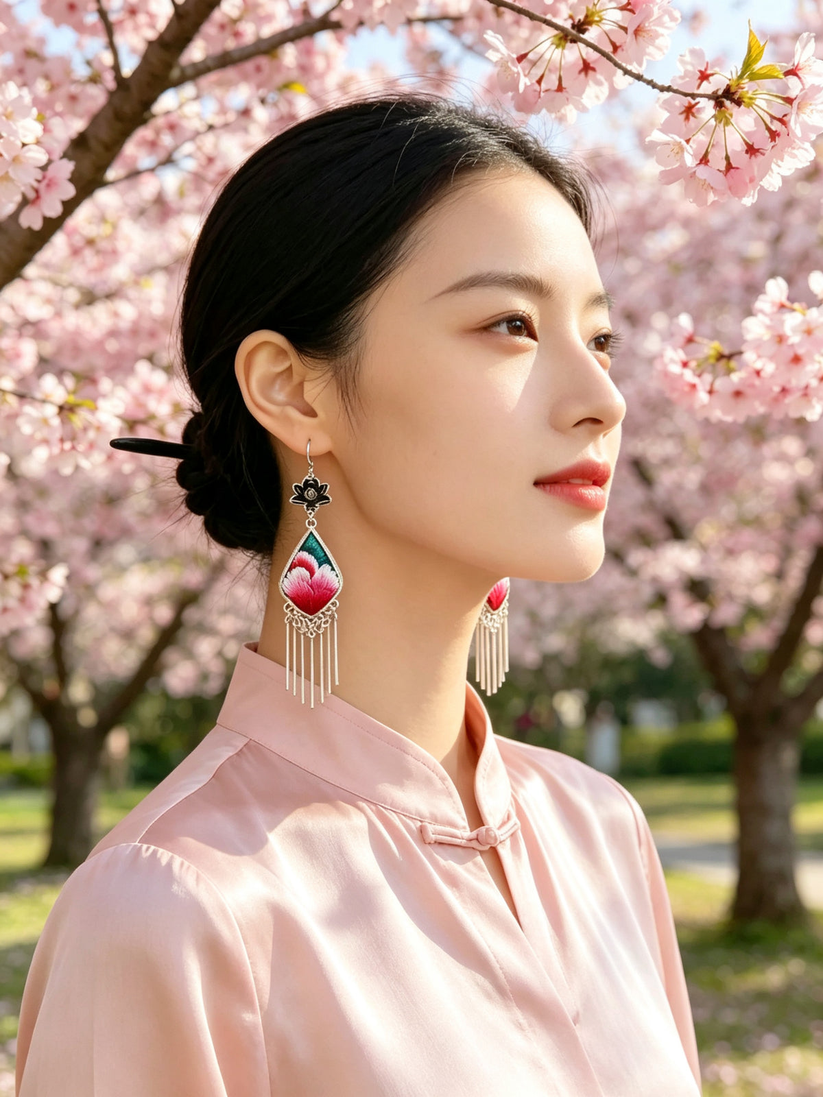 Hand-Embroidered Silver Tassel Drop Earrings