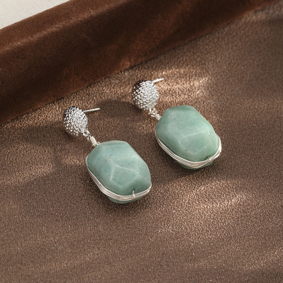 Natural Green Stone Wire-Wrapped Earrings